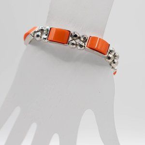 Orange and Silvertone Beads Stretchy Bracelet